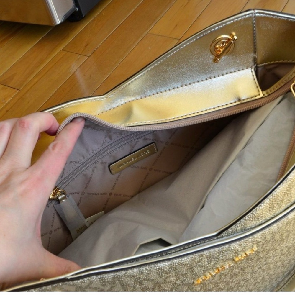 Michael Kors Beige Logo Tote with Gold Chain Straps - Picture 9 of 9